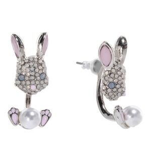 Betsey Johnson Bunny Front-Back Earrings Crystal Pave Pearl Rabbit Silver Tone